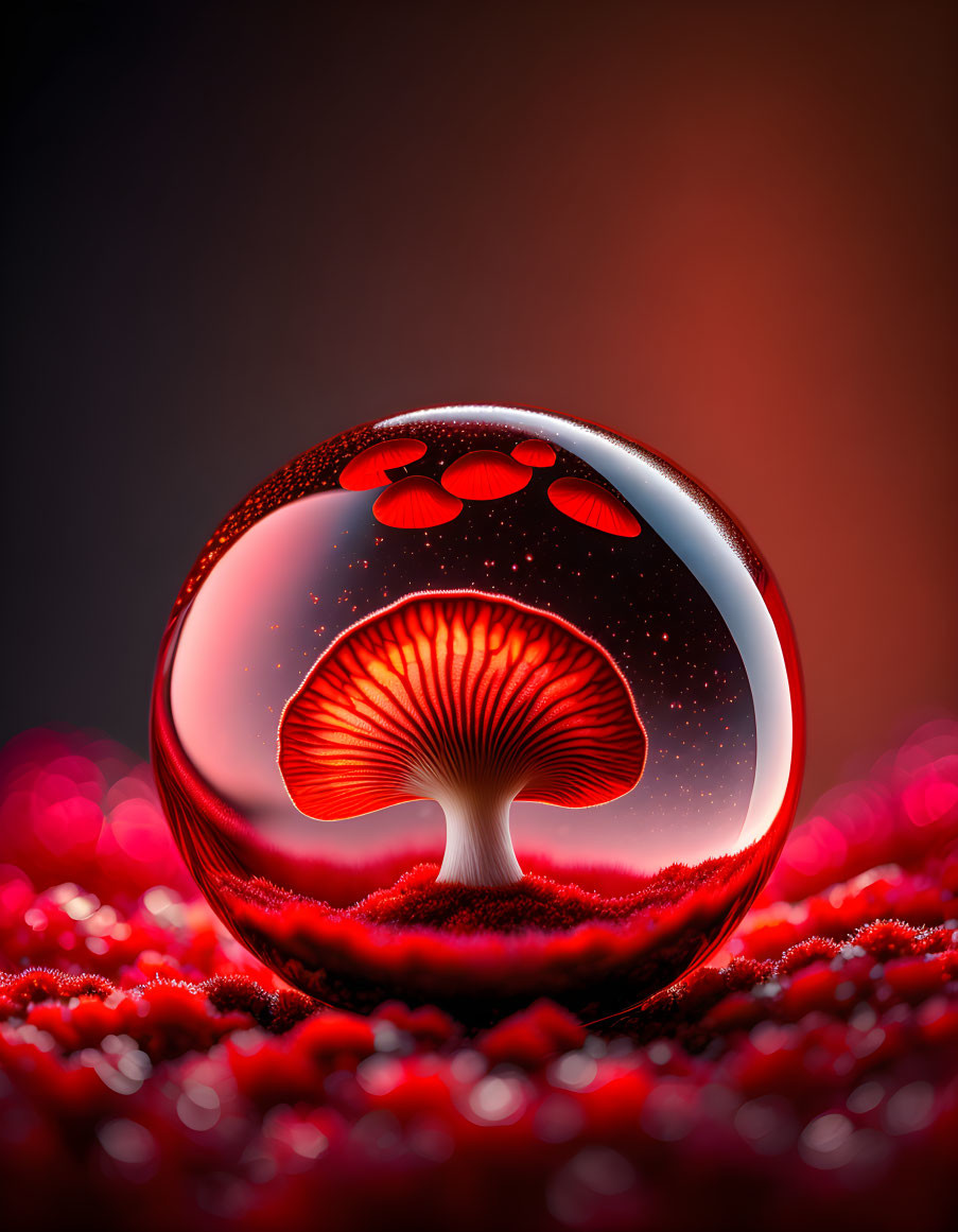 Surreal crystal ball reflection with mushroom and red shapes on dark starry background