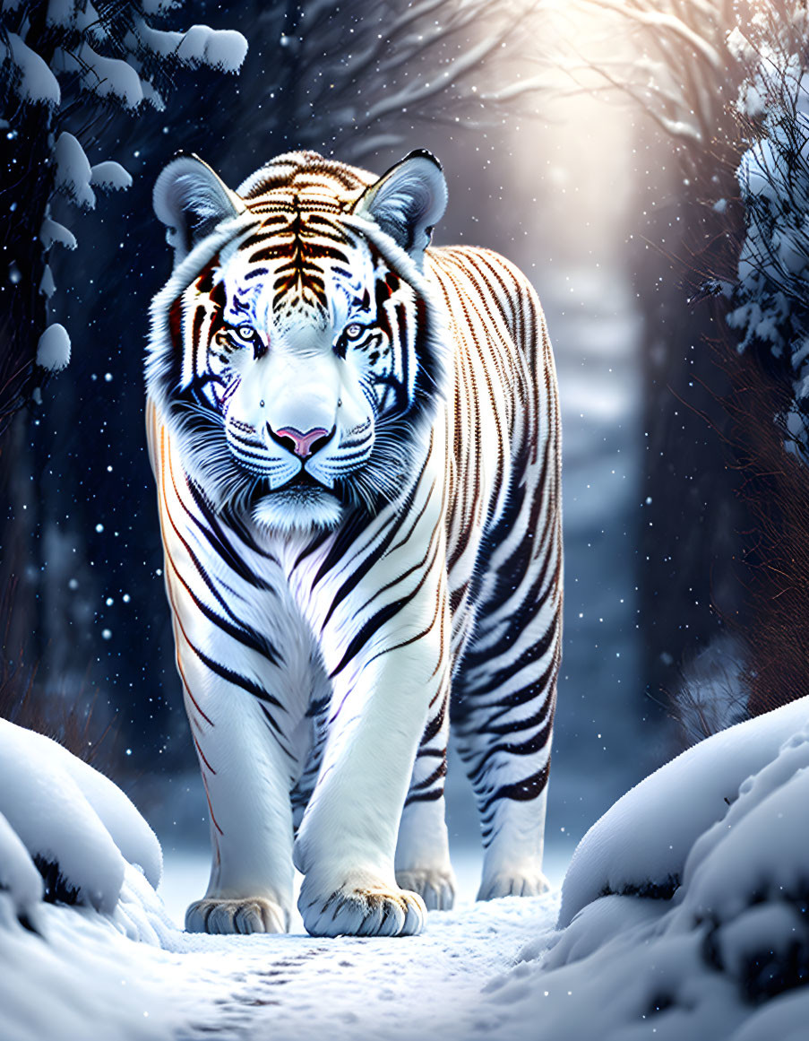 Majestic tiger with striking stripes in snowy forest