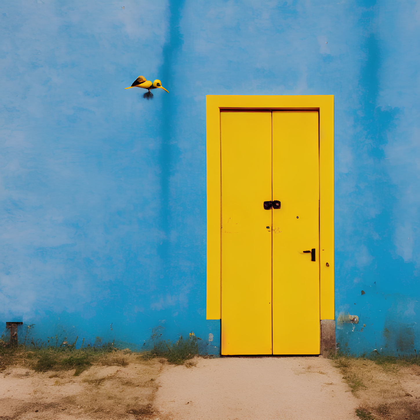 Bright Yellow Door on Blue Wall with Bird and Dirt Ground