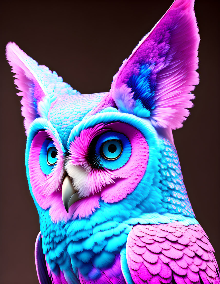 Colorful owl digital art with gradient eyes and intricate feathers on brown background