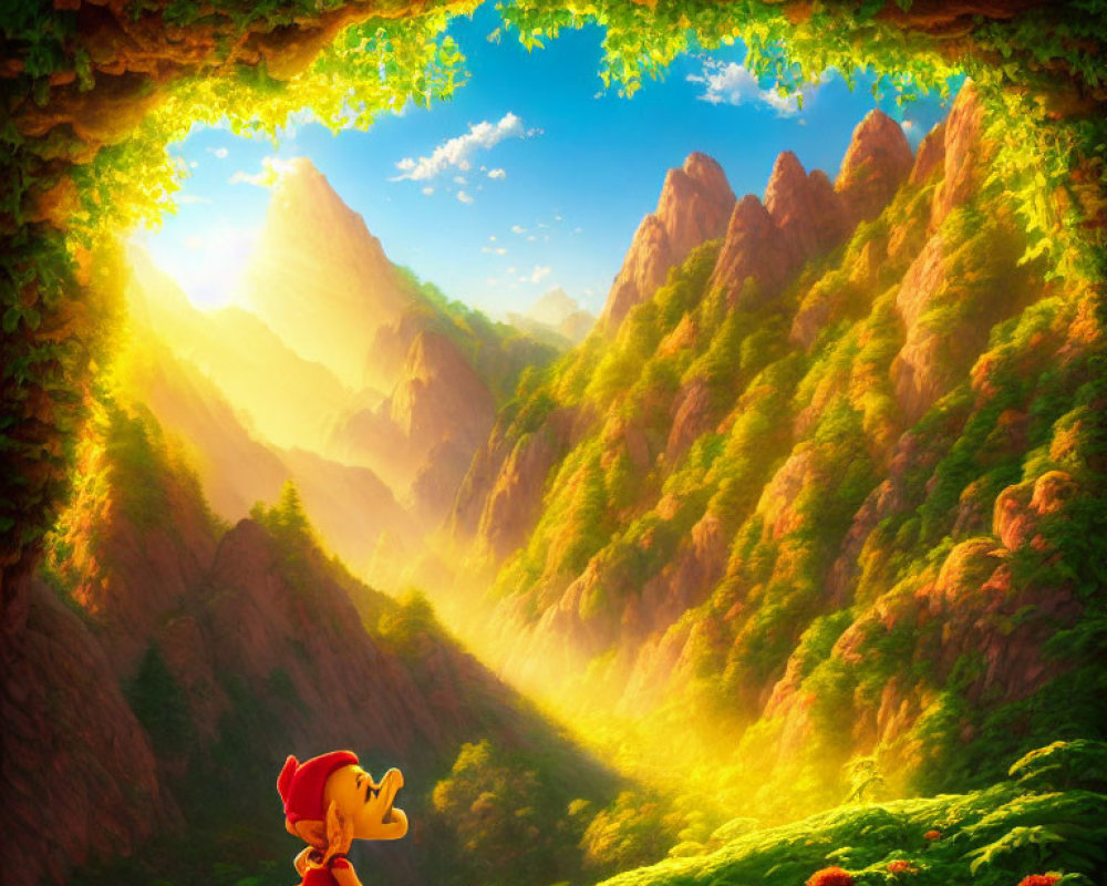 Animated character admiring sunlit mountain landscape through vine-framed cave.