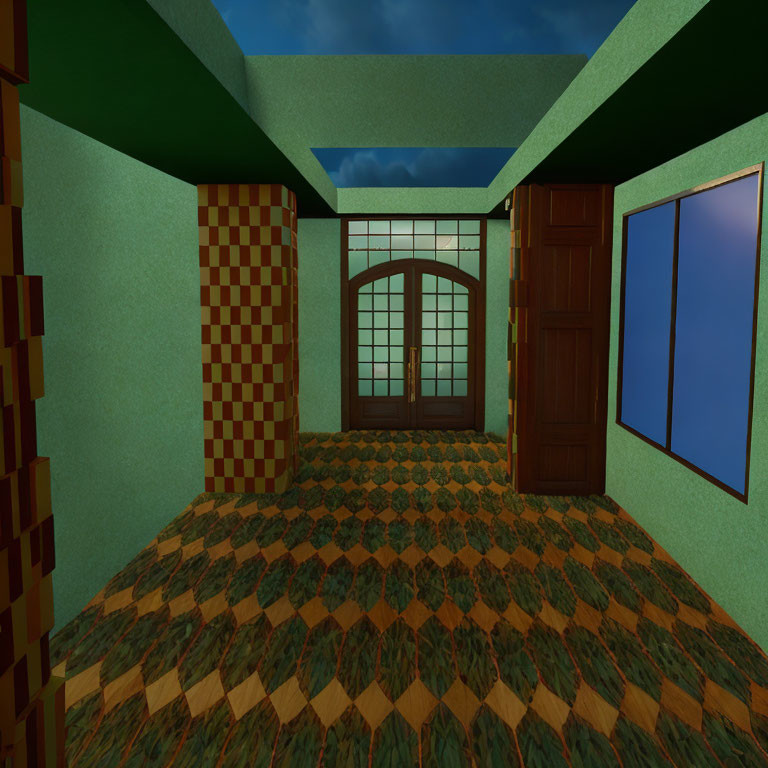 3D-rendered room with green walls, arched double door, wooden door, and sky view