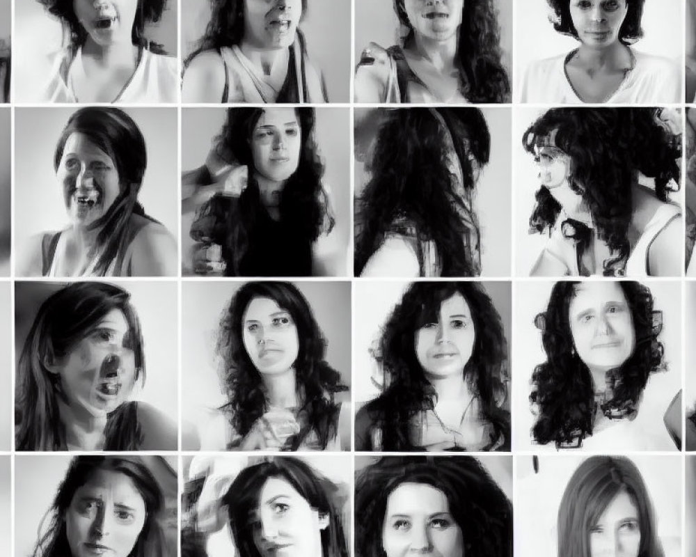 Collection of black and white headshots showcasing diverse emotions of a woman