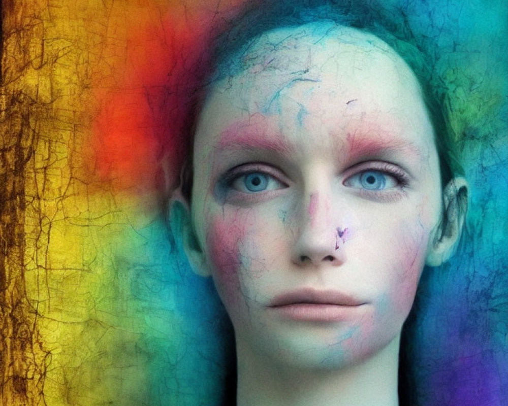 Colorful Paint-Splattered Face Portrait on Textured Background