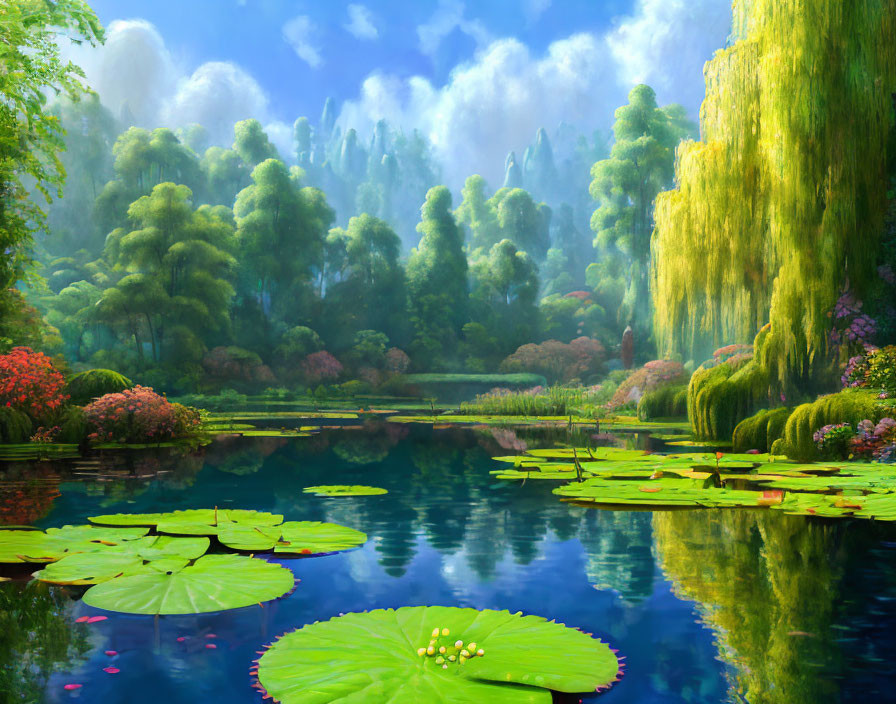 Tranquil pond with lily pads, blossoms, and lush greenery
