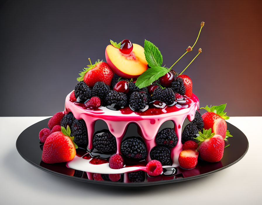 Colorful Fruit Cake with Fresh Berries and Pink Icing on Black Plate