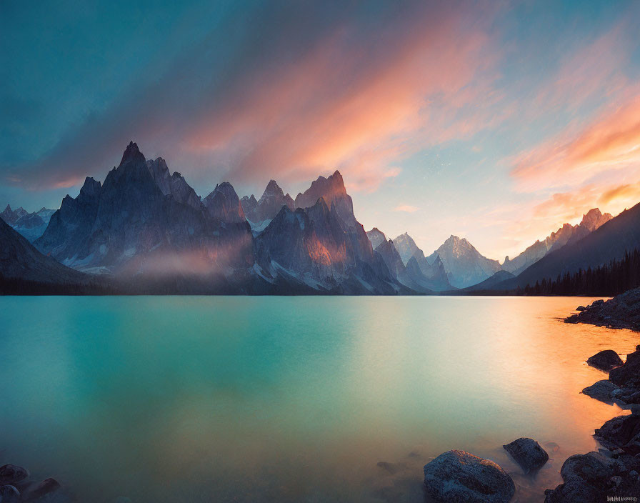 Serene lake with turquoise waters and rugged mountain peaks at dusk or dawn
