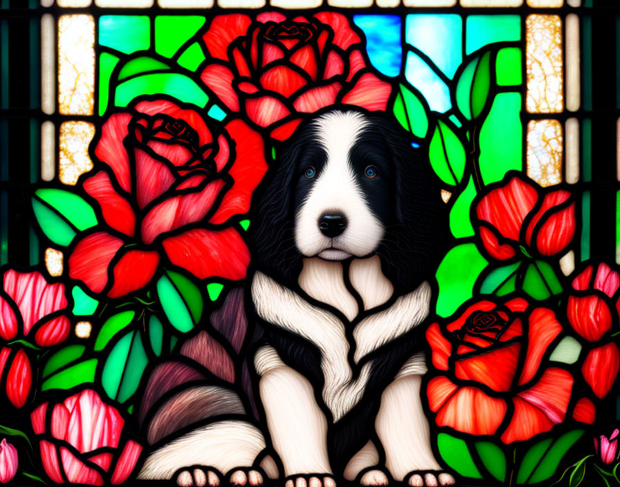 Black and white puppy in front of colorful stained glass window with red roses