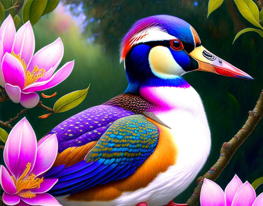 Colorful Bird Among Pink Lotus Flowers and Green Foliage