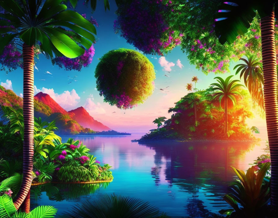 Vibrant landscape with floating islands, lush greenery, palm trees, serene river, mountains,