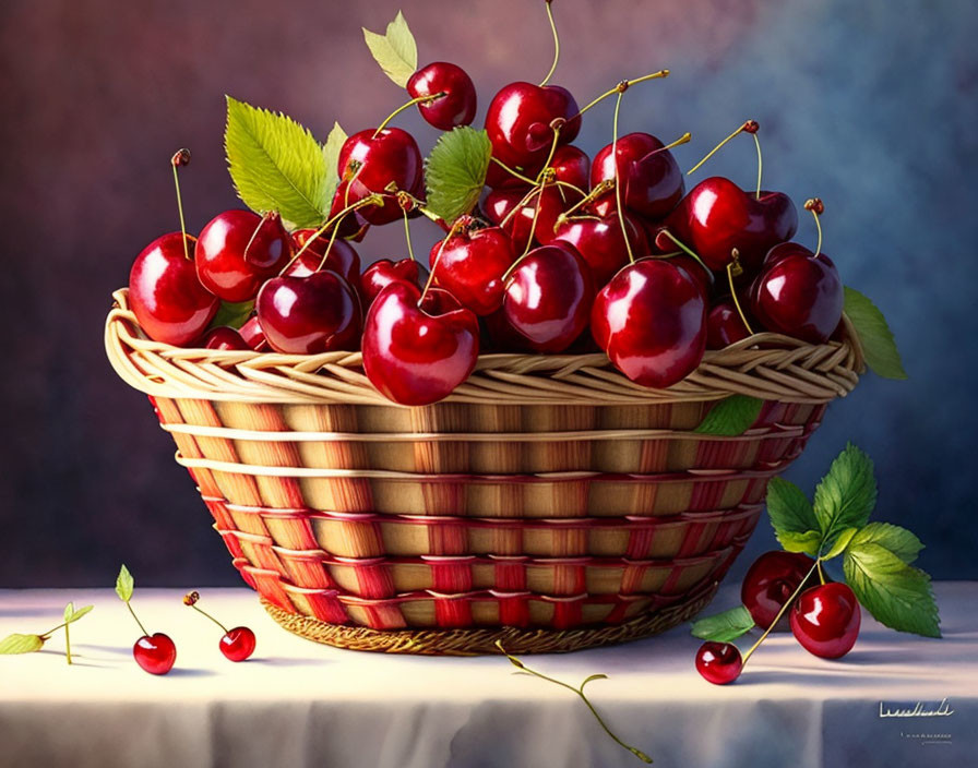 Ripe red cherries in wicker basket with green leaves on surface