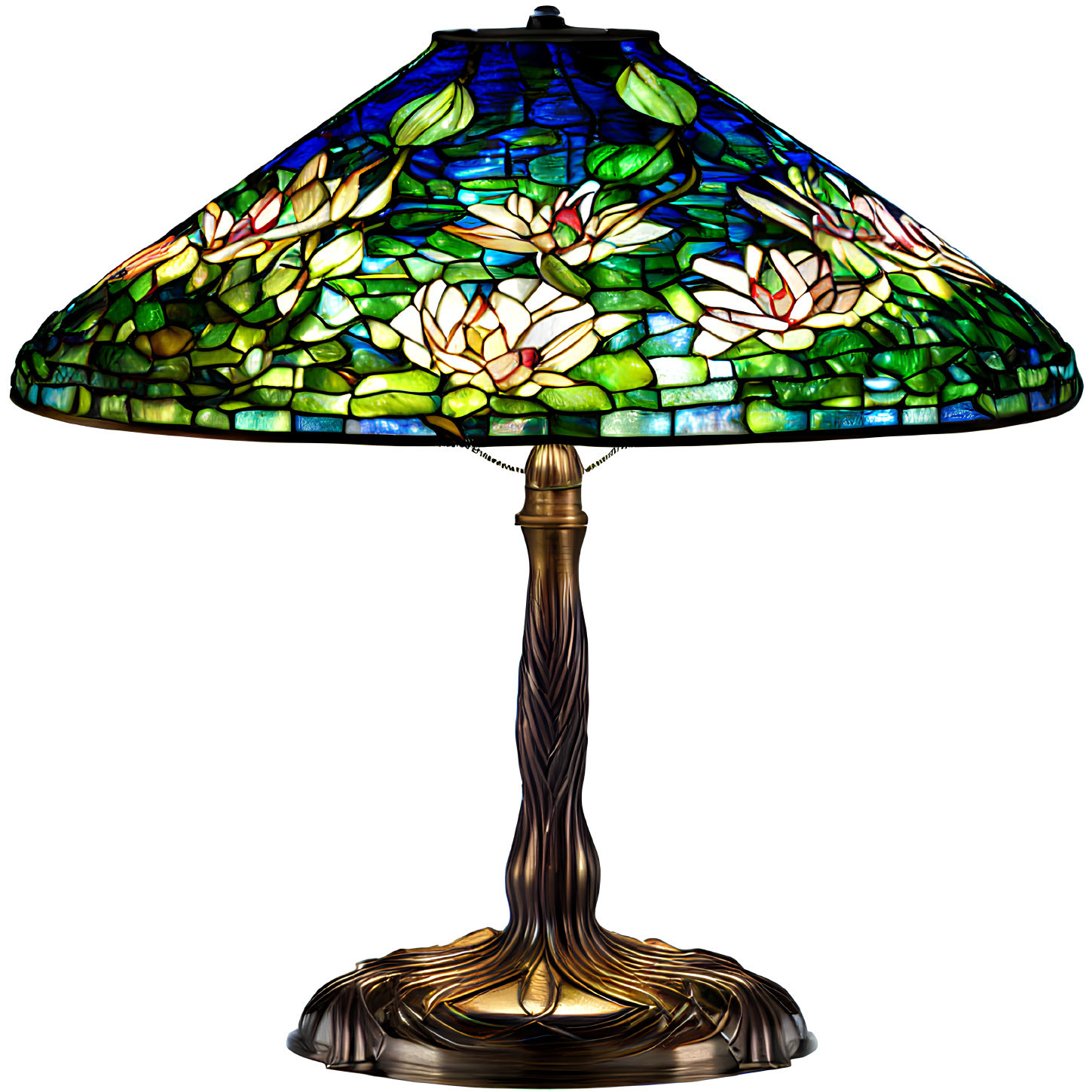 Stained Glass Table Lamp with Water Lily Design and Bronze Base
