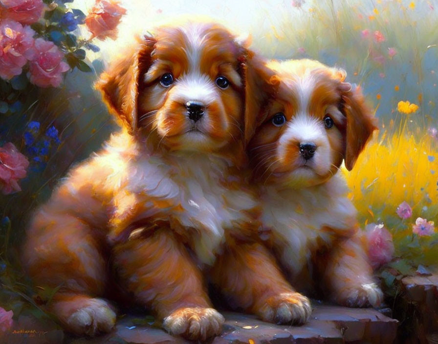 Fluffy reddish-brown puppies in vibrant flower setting