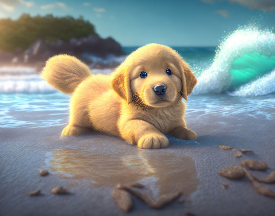 Golden Retriever Puppy Relaxing on Sandy Beach with Heart Pattern
