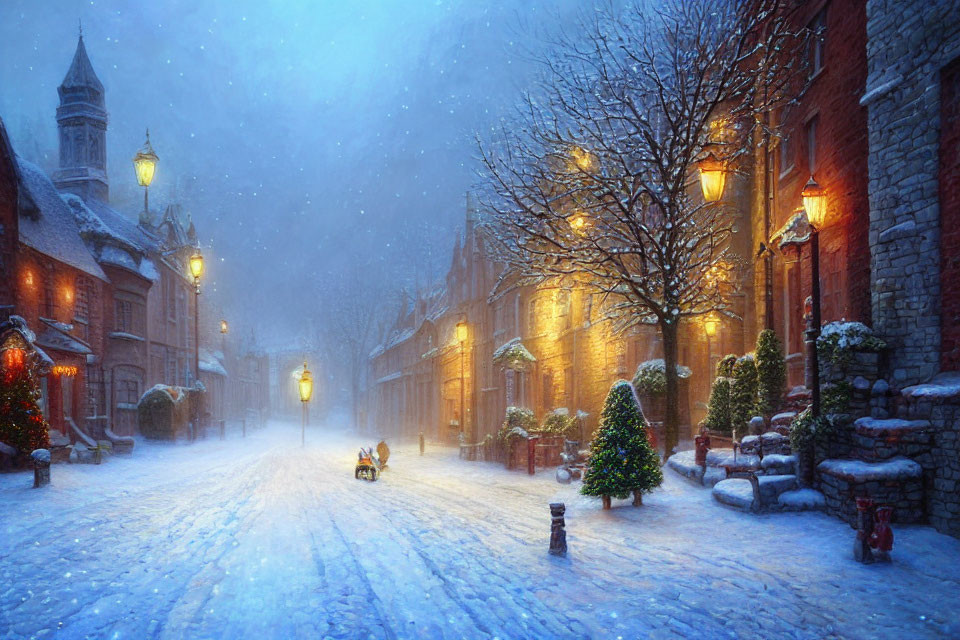 Snow-covered street at twilight with glowing streetlights and festive decorations