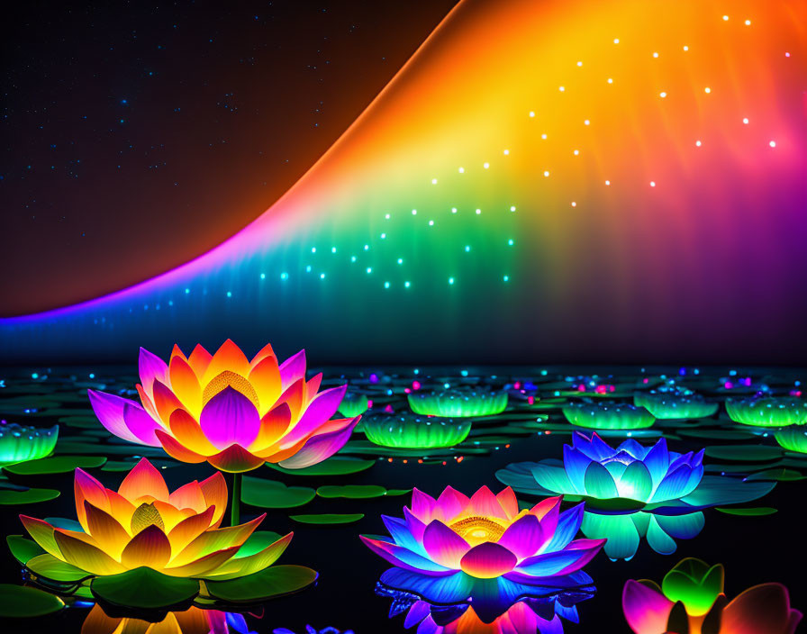 Neon lotus flowers on water under starry sky and aurora transition.