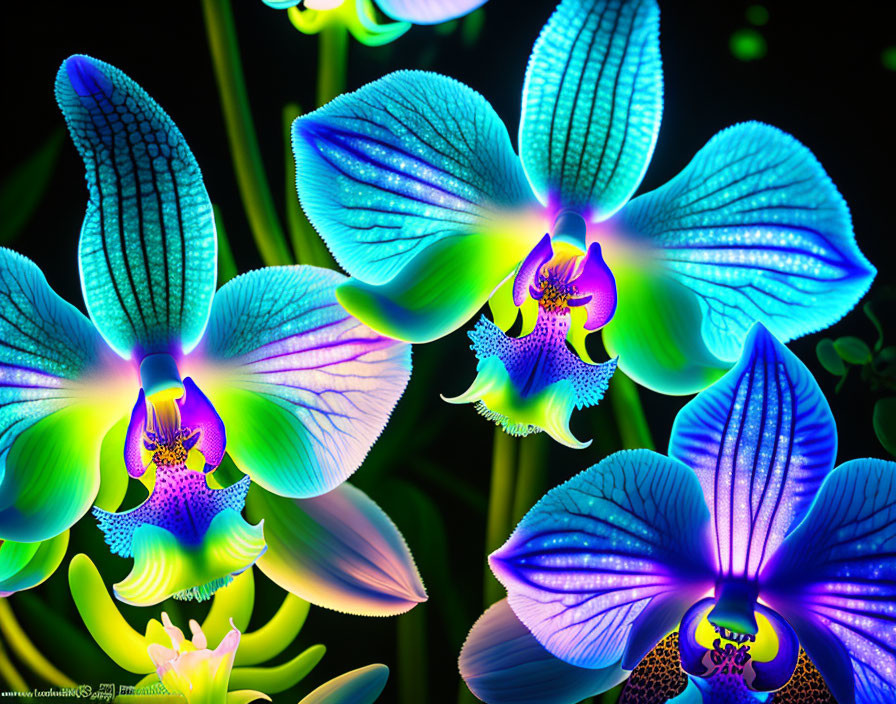 Colorful blue and green orchids with intricate patterns and glowing edges on dark background