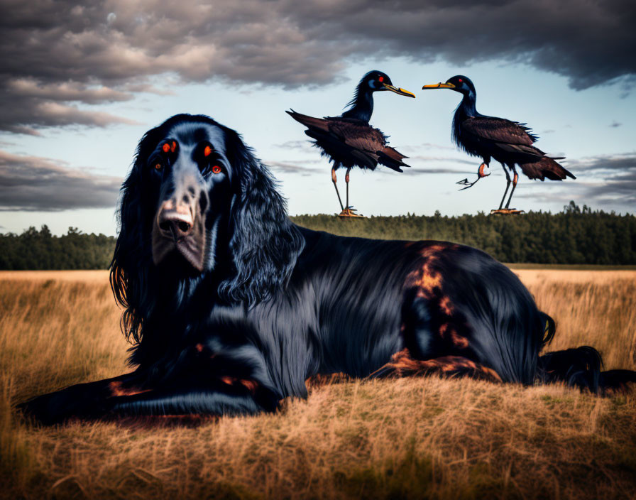 Black Dog and Birds with Twig on Field under Cloudy Sky