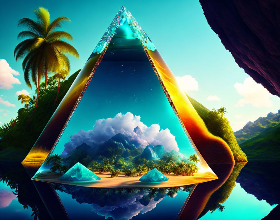 Fantastical scene: triangular portal, lush landscape, palms, mountains, reflective water, starry