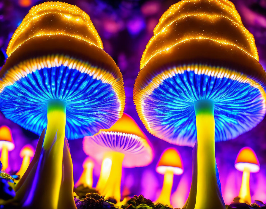 Vibrant bioluminescent mushrooms with blue caps and yellow stems on dark background