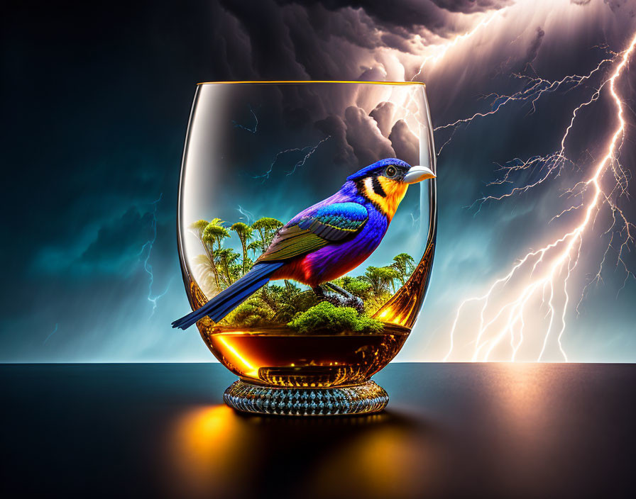 Colorful bird in glass with golden liquid on stormy background.
