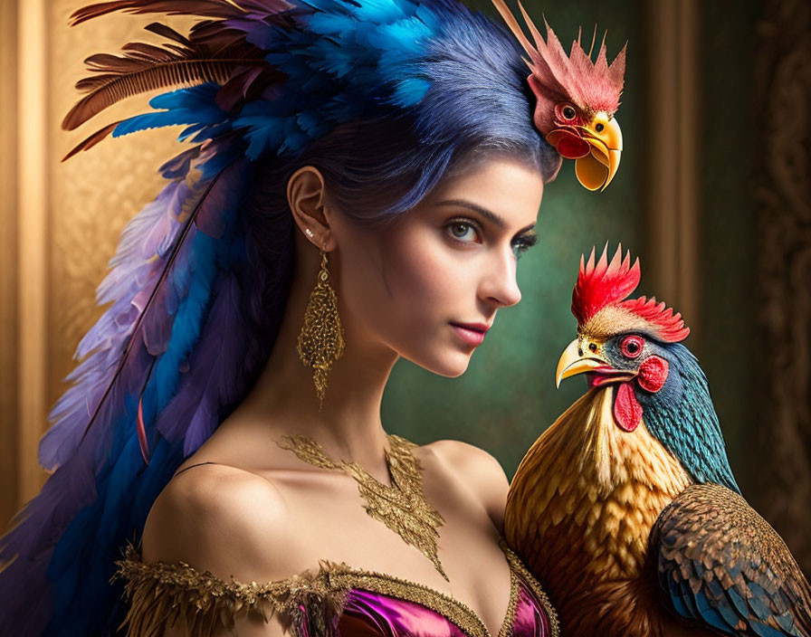 Colorful woman with blue and purple feathered hair and rooster on textured background