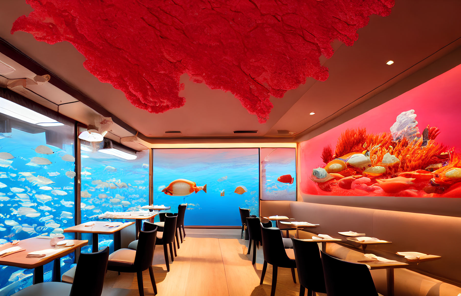 Colorful restaurant interior with aquarium wall, coral ceiling, warm lighting, and set tables