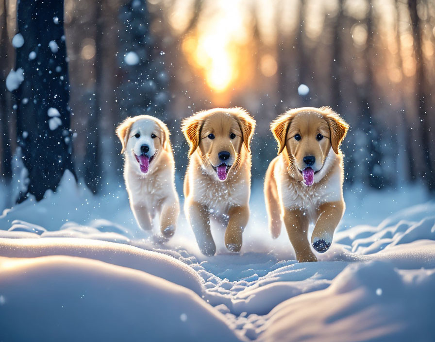 Three Golden Retriever Puppies Playing in Snow at Sunset