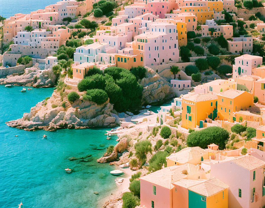 Vibrant Mediterranean hillside with colorful houses and clear blue waters