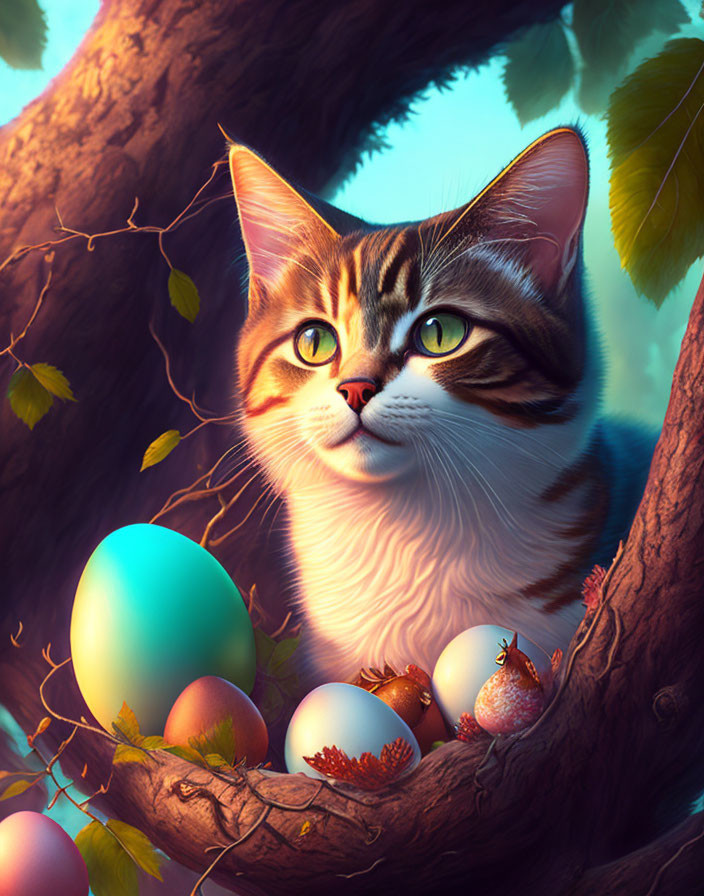 Curious cat observing colorful eggs in sunlit forest