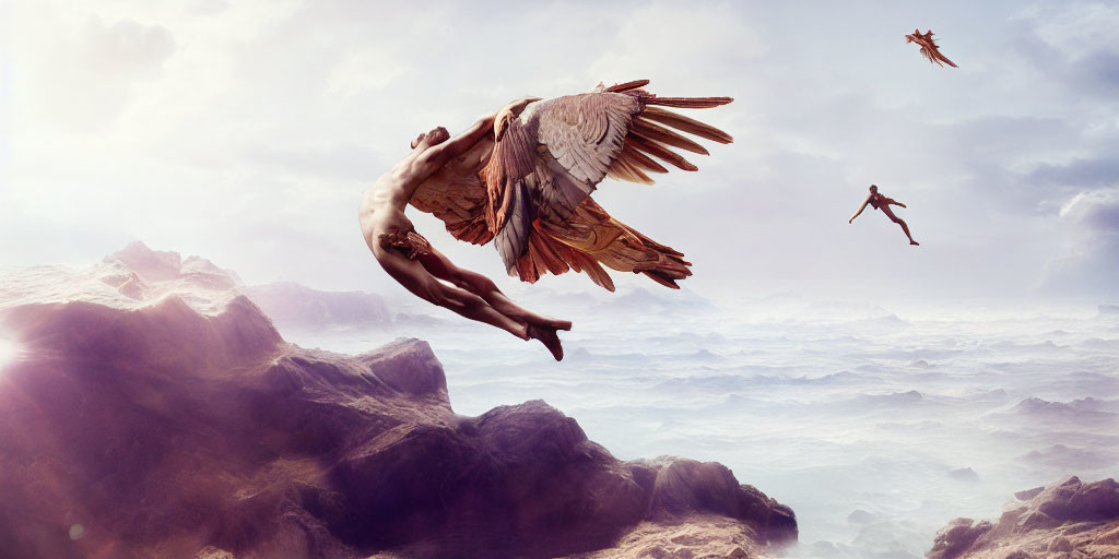 Surreal image of human figures with bird wings above cloudy landscape