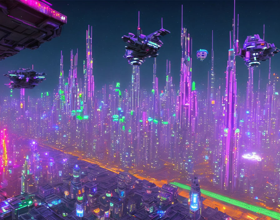 Neon-lit futuristic cityscape with flying vehicles at night