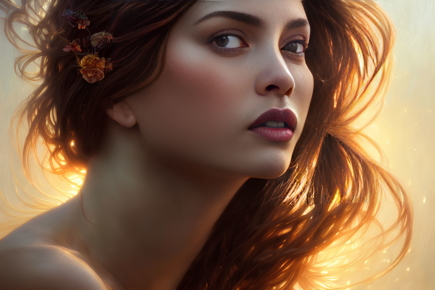 Close-up portrait of woman with glowing skin and flowers in hair