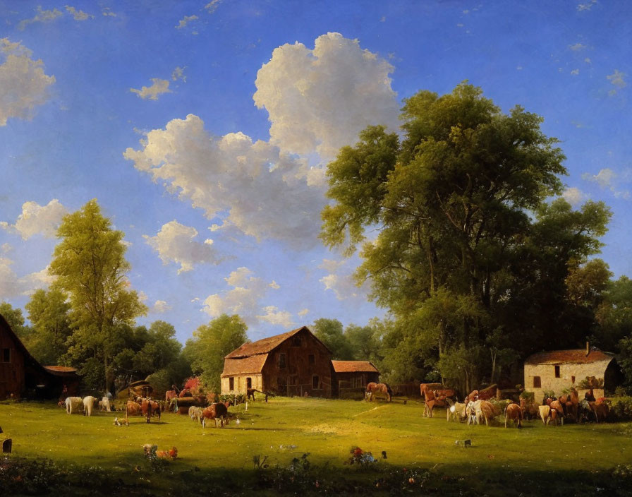 Pastoral Landscape Painting with Cattle Grazing and Rustic Buildings