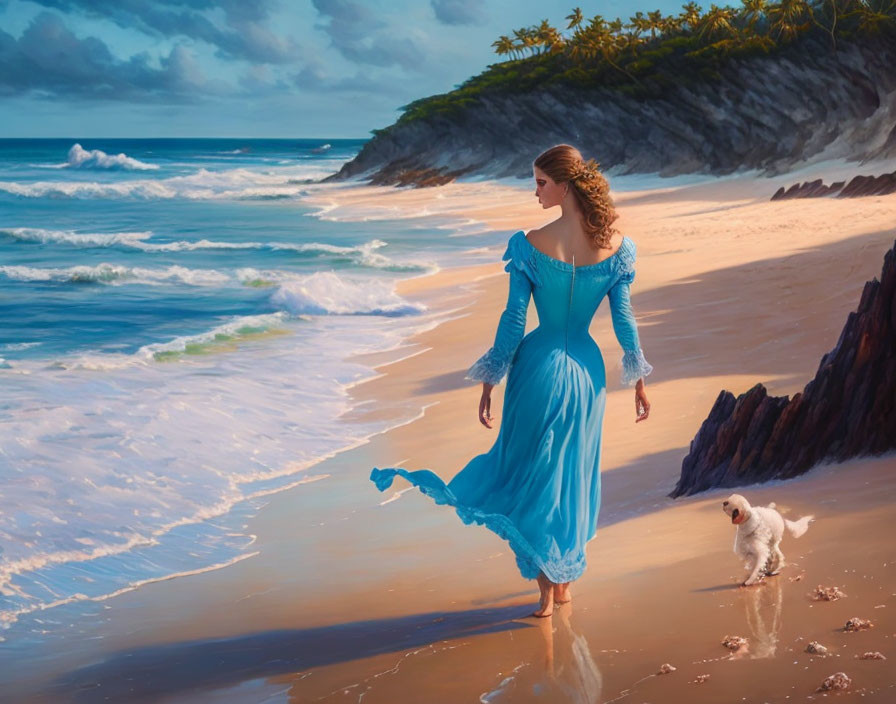 Woman in blue dress walking on beach with small white dog, waves crashing, palm trees on distant cliff