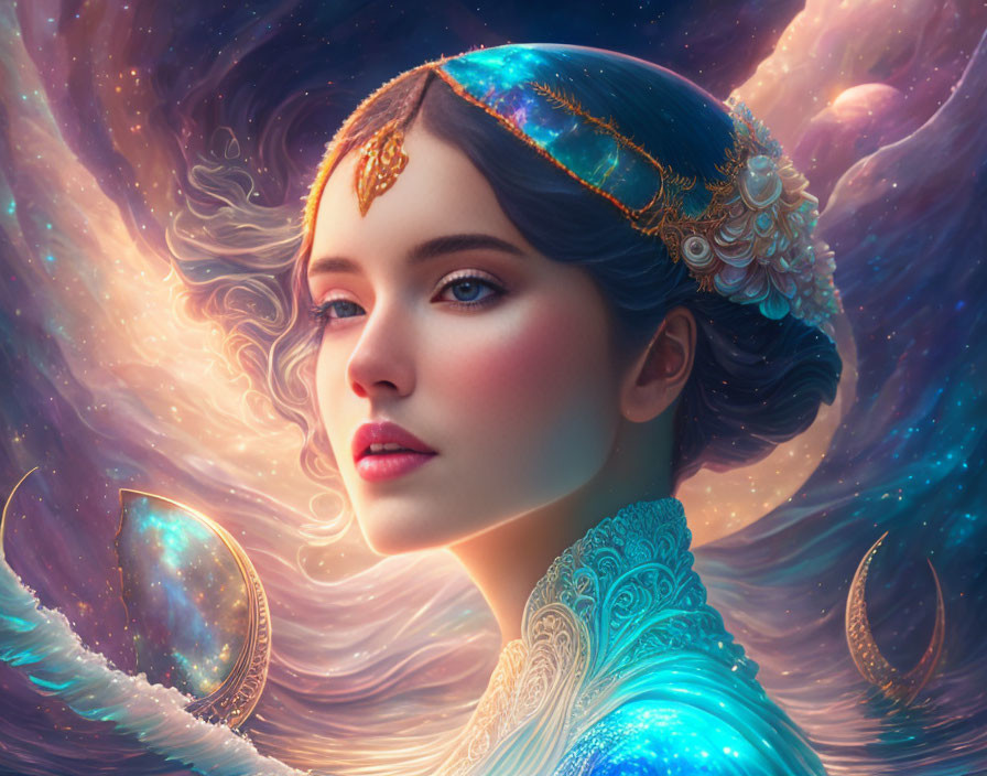 Ethereal woman portrait with cosmic background and celestial attire