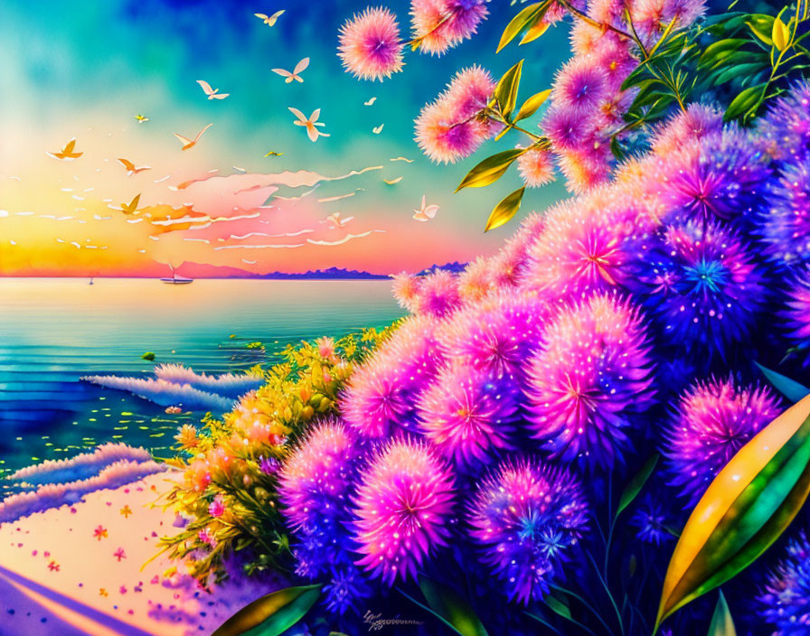 Colorful Coastal Sunset Artwork with Purple Flowers, Flying Birds, Calm Sea, and Starry