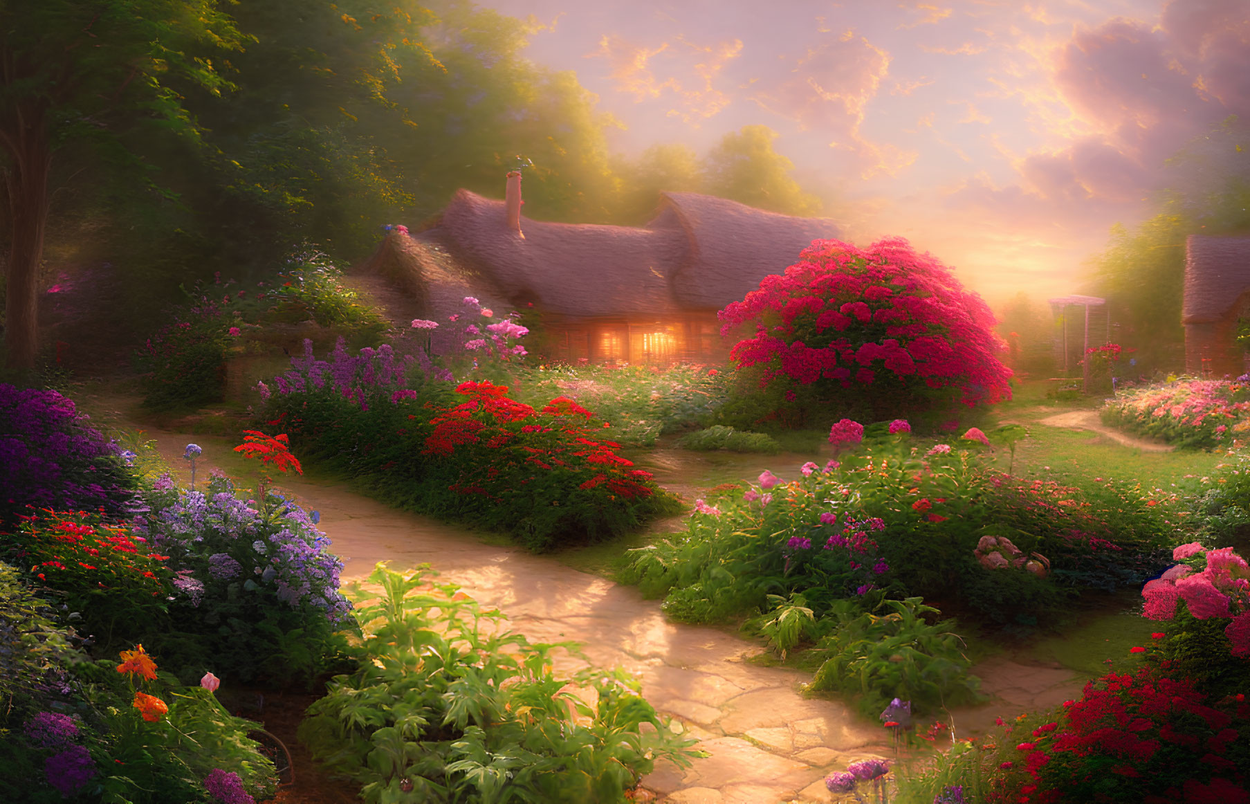 Thatched Cottage and Flowering Garden at Sunset