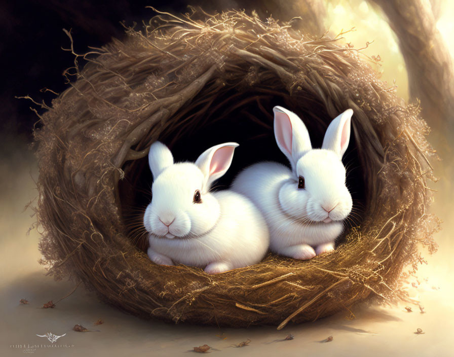 White rabbits in cozy nest with soft light and fallen leaves