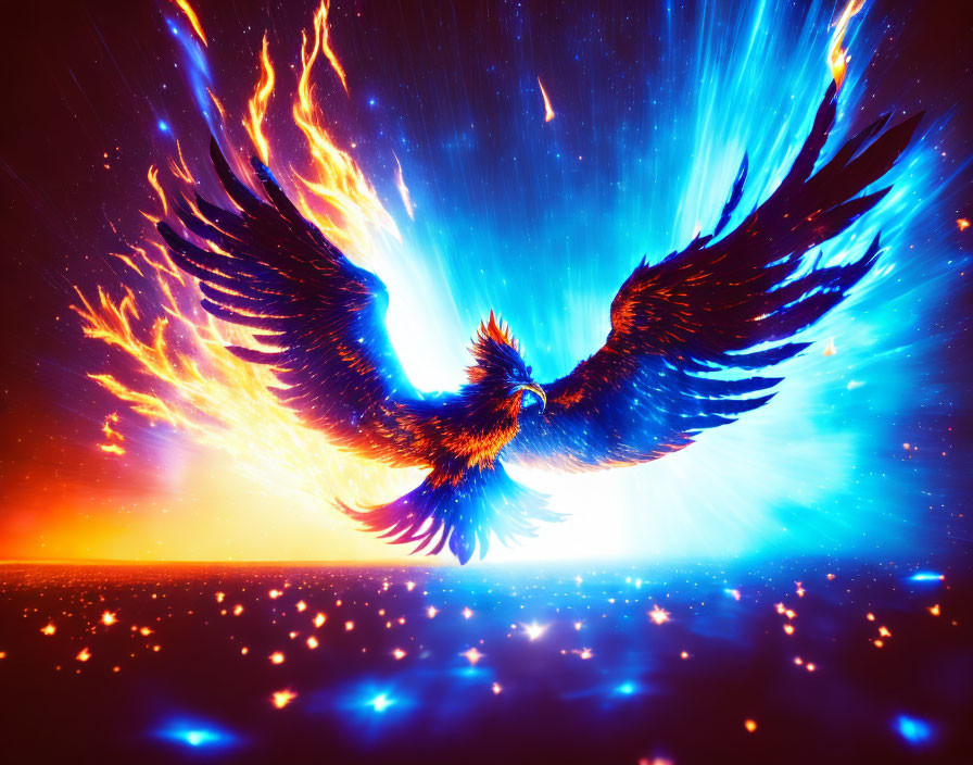 Colorful Phoenix Soaring in Starry Sky with Cosmic Background