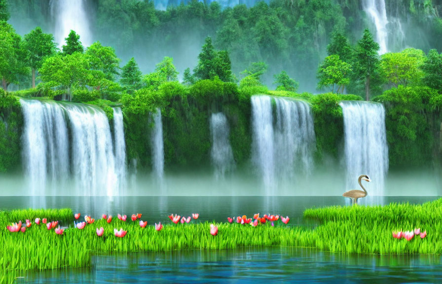 Tranquil landscape with swan, pink flowers, and waterfalls