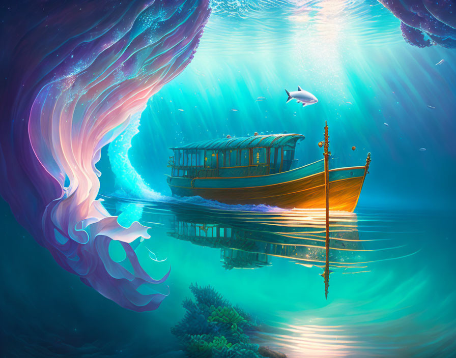 Tranquil underwater coral reef with wooden boat and fish