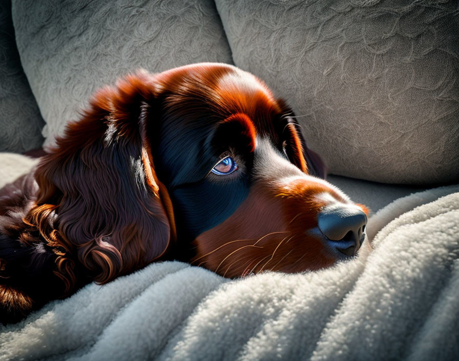 Brown Dog with Glossy Fur Resting on Blue Blanket