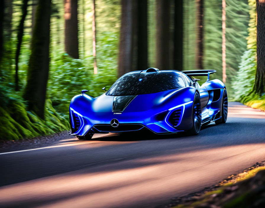 Blue Mercedes sports car speeding on forest-lined road with motion blur.