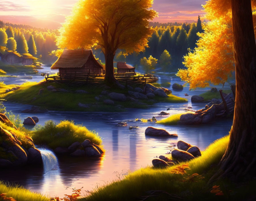 Tranquil autumn sunset over river with golden trees & cabin