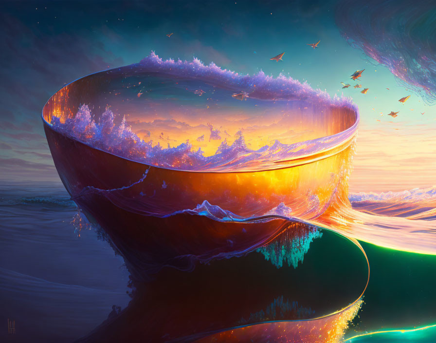 Gigantic bowl-shaped wave with birds and cosmic glow underwater