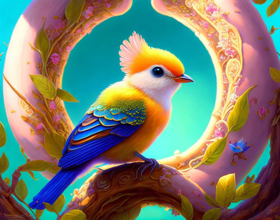 Colorful whimsical bird with yellow head and blue wings perched on branch among pink and green foliage