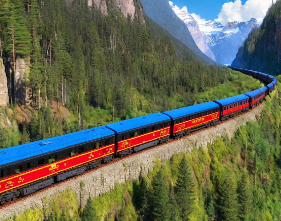 Colorful train journey through scenic valley and mountains.