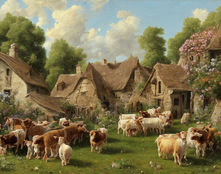 Rural landscape with grazing cows and thatched cottages