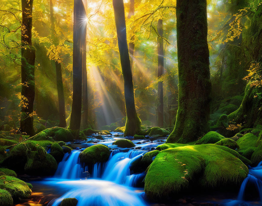 Lush Forest with Sunlight, Mist, Moss-Covered Rocks in Creek